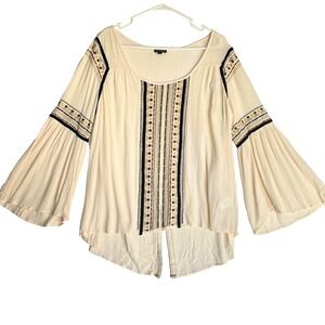 Hannah Embroidered Velvet Trim Peasant Flowy Boho Bell Sleeve Gauzy Top Womens M